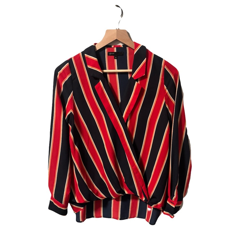 Striped Red and Black Gibson Surplice Drape Front Blouse xs